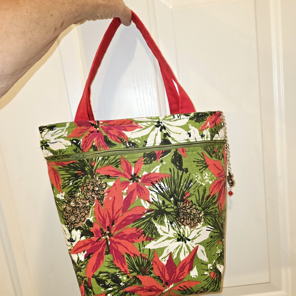 Handmade Tote. Vintage Christmas Fabric. 2 Zippers. 2 Pockets. Zipper Charm.